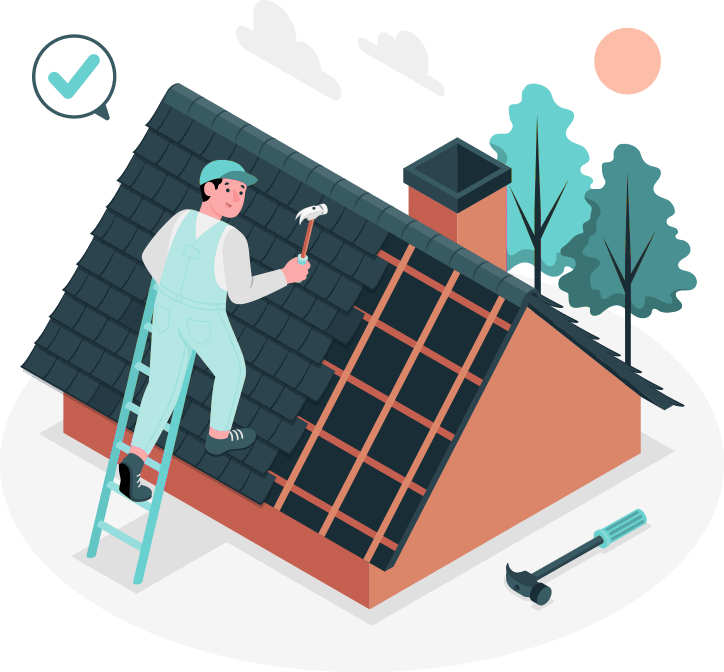 A cartoon worker climbs a ladder to perform roof maintenance.