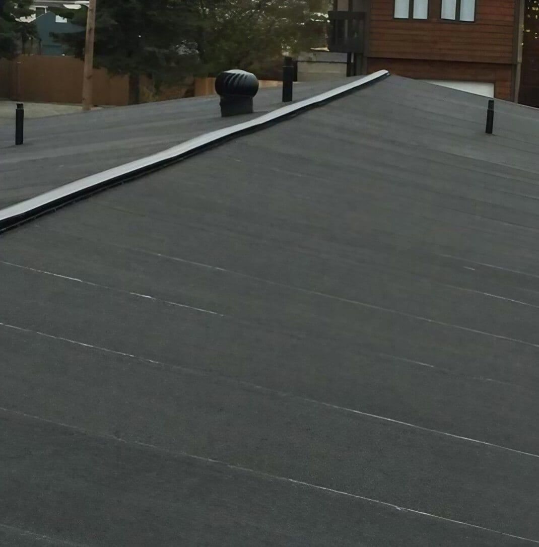 A flat black rooftop with a ridge vent and ventilation pipe, surrounded by trees and buildings in the background.