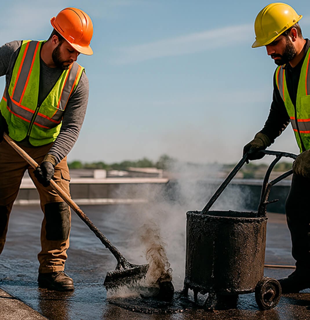 Two construction workers in reflective vests and hard hats apply roofing material on a building rooftop, creating steam.